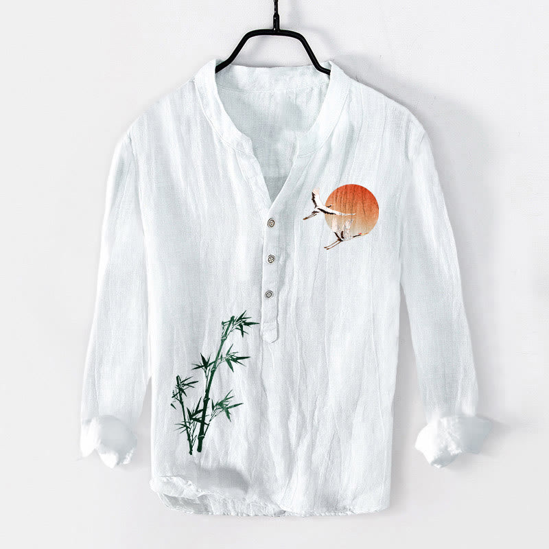 Chemise à manches longues en coton et lin pour homme , Buddha Stones, grue solaire, feuilles de bambou, demi-boutons - Blanc - US/UK/AU50，EU60 (5XL) - image 6