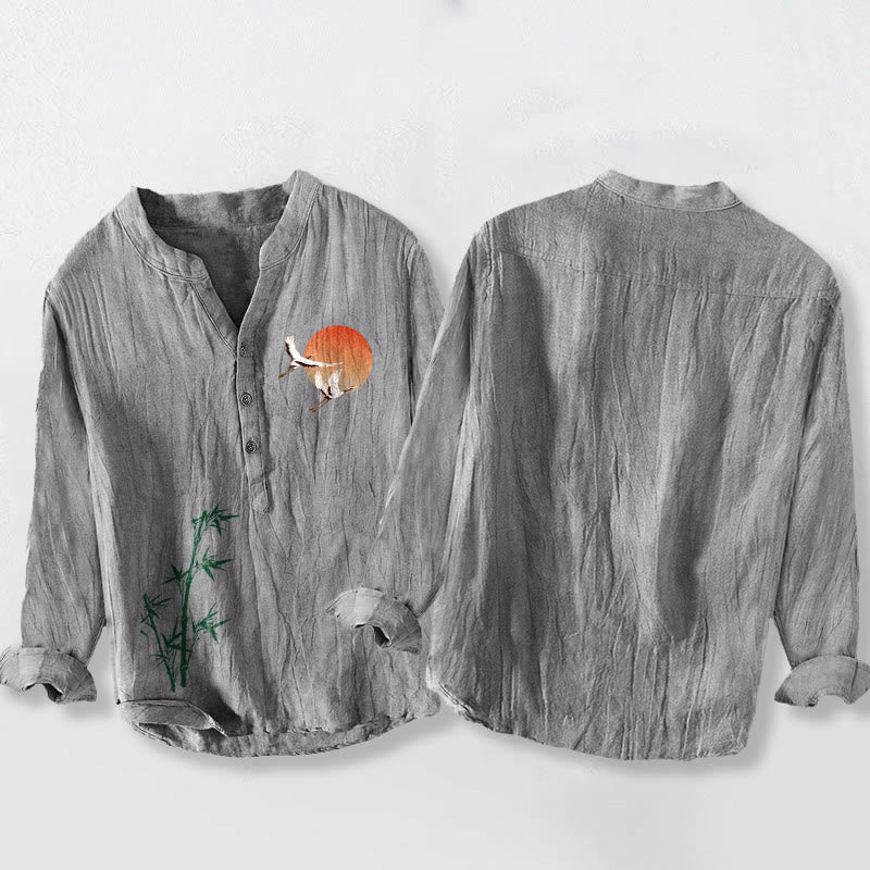 Chemise à manches longues en coton et lin pour homme , Buddha Stones, grue solaire, feuilles de bambou, demi-boutons - image 5