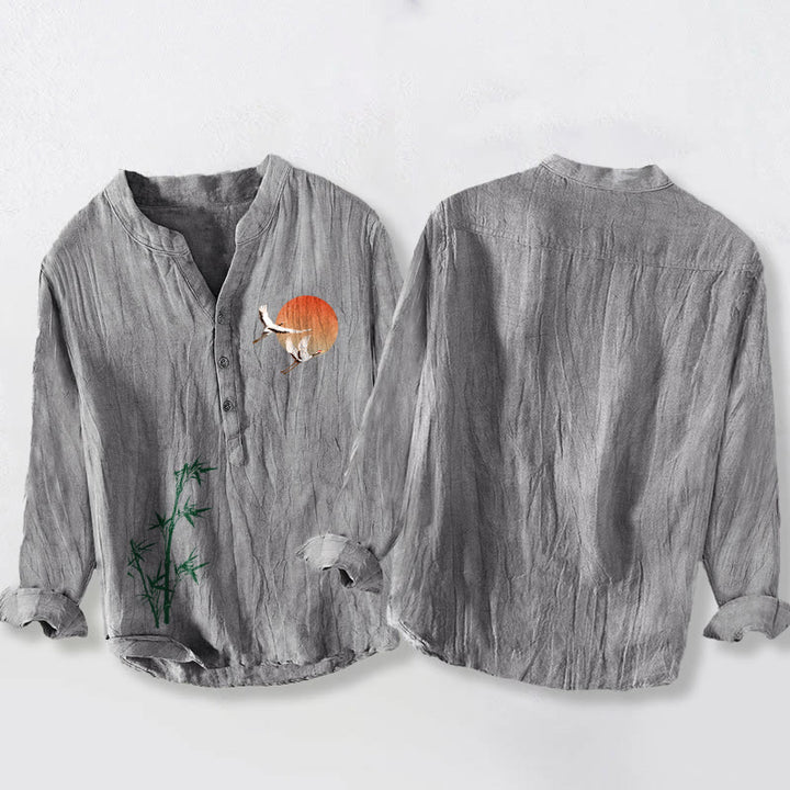 Chemise à manches longues en coton et lin pour homme , Buddha Stones, grue solaire, feuilles de bambou, demi-boutons - image 5