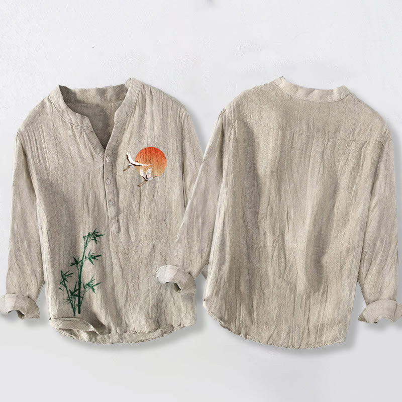 Chemise à manches longues en coton et lin pour homme , Buddha Stones, grue solaire, feuilles de bambou, demi-boutons - image 2