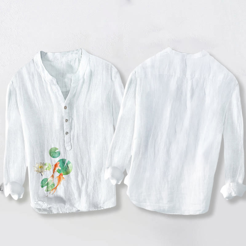 Chemise à manches longues en coton et lin pour homme, motif Buddha Stones, Koi Fish, feuilles de lotus, demi-boutons - image 2