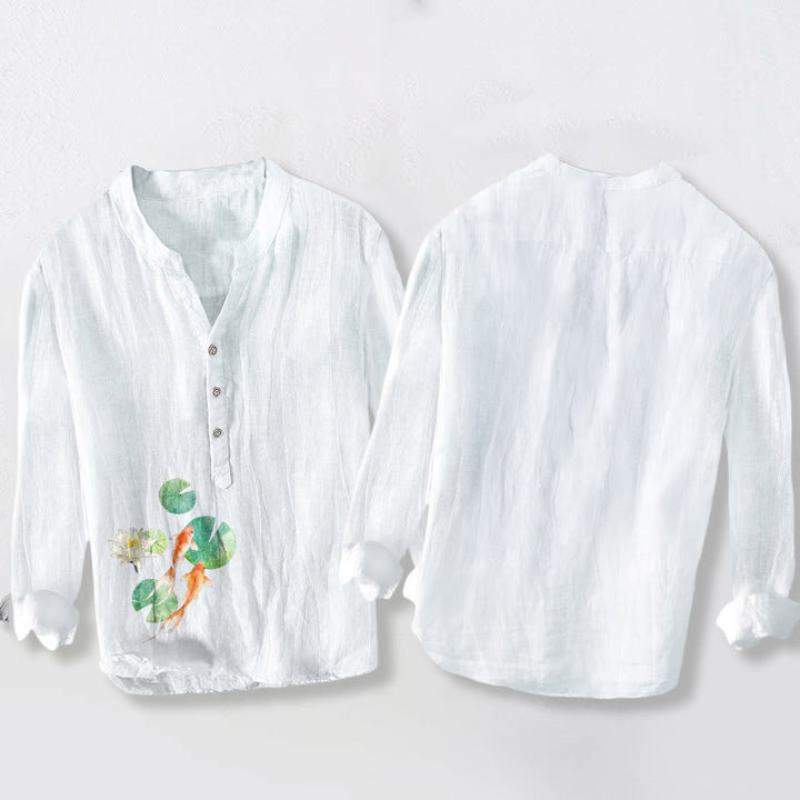 Chemise à manches longues en coton et lin pour homme, motif Buddha Stones, Koi Fish, feuilles de lotus, demi-boutons - image 2