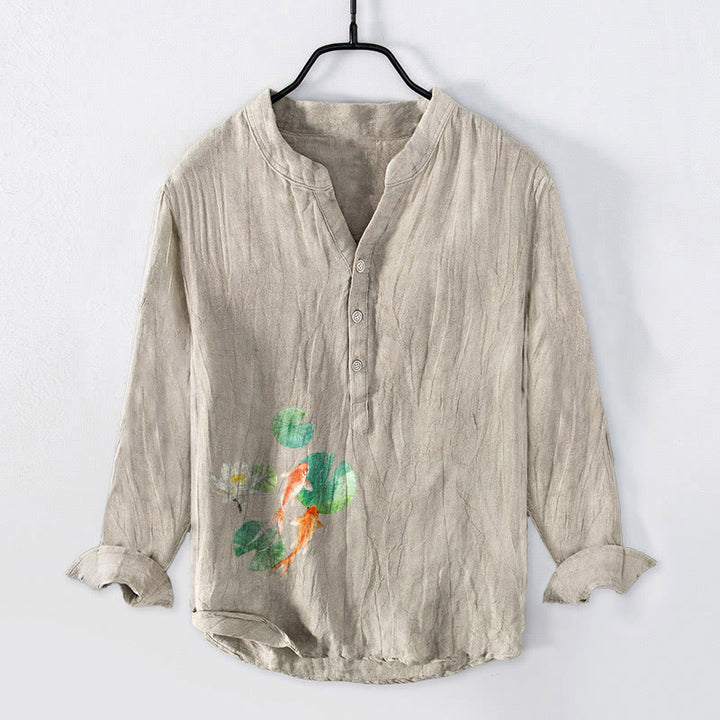 Chemise à manches longues en coton et lin pour homme, motif Buddha Stones, Koi Fish, feuilles de lotus, demi-boutons - Lin - US/UK/AU50，EU60 (5XL) - image 3