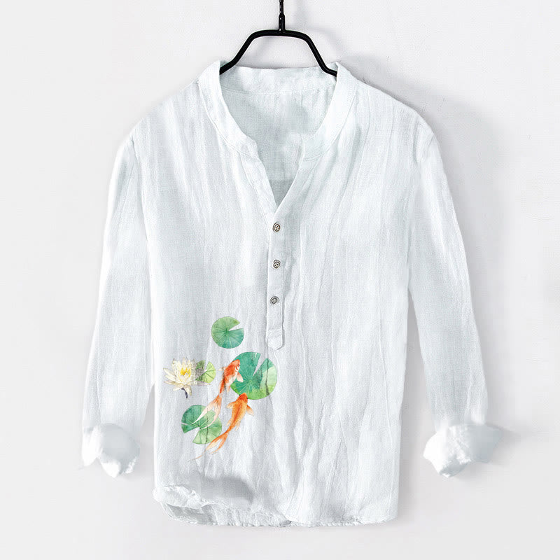 Chemise à manches longues en coton et lin pour homme, motif Buddha Stones, Koi Fish, feuilles de lotus, demi-boutons - Blanc - US/UK/AU50，EU60 (5XL) - image 0