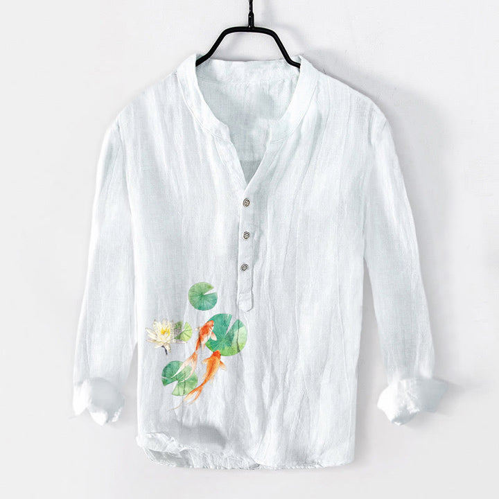Chemise à manches longues en coton et lin pour homme, motif Buddha Stones, Koi Fish, feuilles de lotus, demi-boutons - Blanc - US/UK/AU50，EU60 (5XL) - image 0