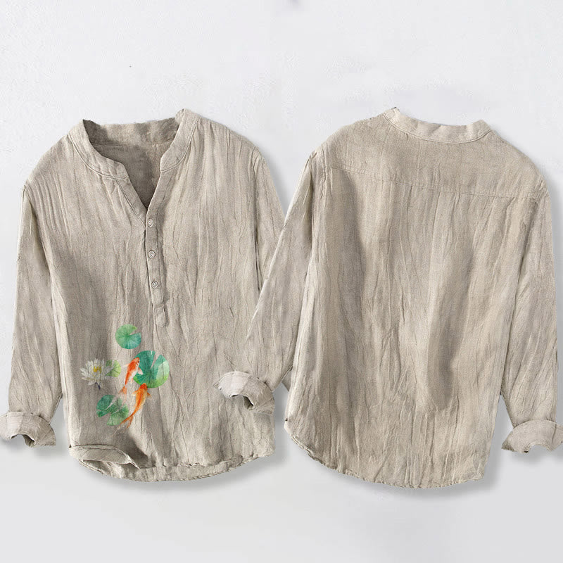 Chemise à manches longues en coton et lin pour homme, motif Buddha Stones, Koi Fish, feuilles de lotus, demi-boutons - image 5