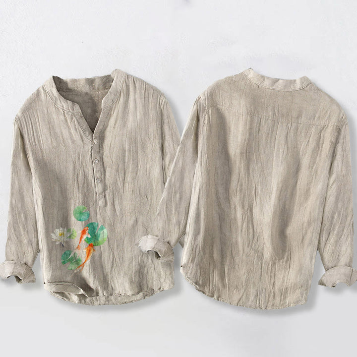 Chemise à manches longues en coton et lin pour homme, motif Buddha Stones, Koi Fish, feuilles de lotus, demi-boutons - image 5