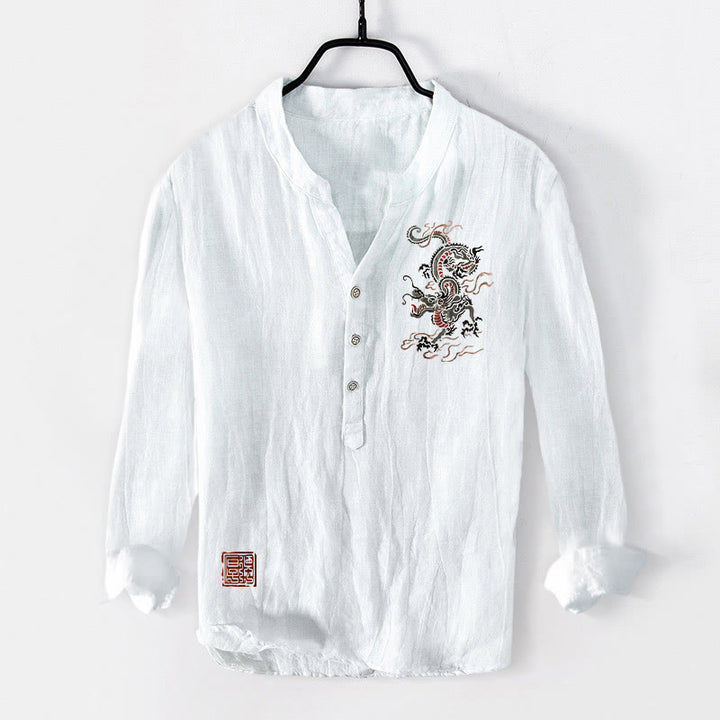 Chemise à manches longues pour homme en coton et lin, motif de Buddha Stones, avec demi-boutons et ornements de sceaux chinois. - Blanc - US/UK/AU50，EU60 (5XL) - image 6