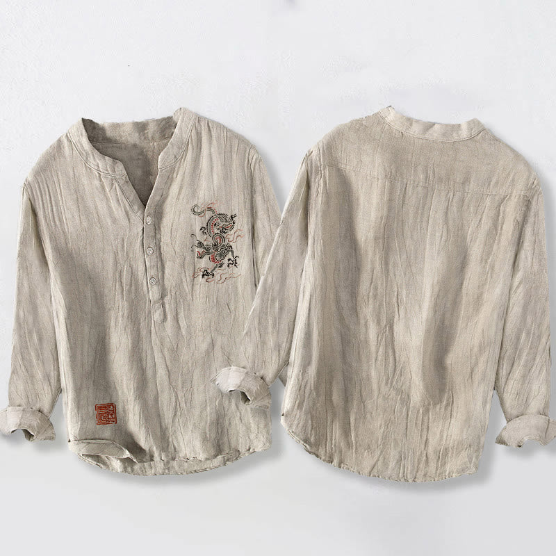 Chemise à manches longues pour homme en coton et lin, motif de Buddha Stones, avec demi-boutons et ornements de sceaux chinois. - image 2