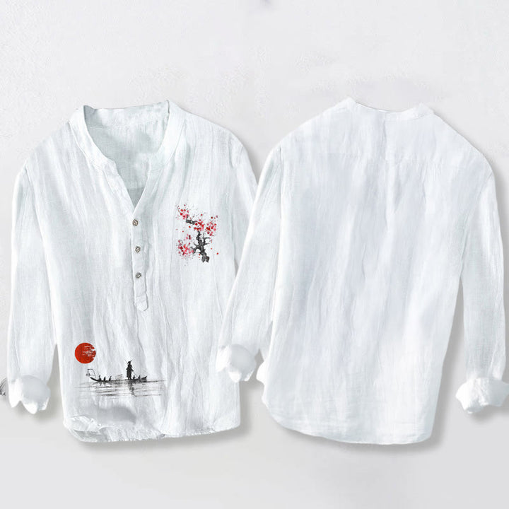 Chemise à manches longues pour homme en coton et lin, motif pêcheur, fleurs de prunier et soleil , Buddha Stones - image 8