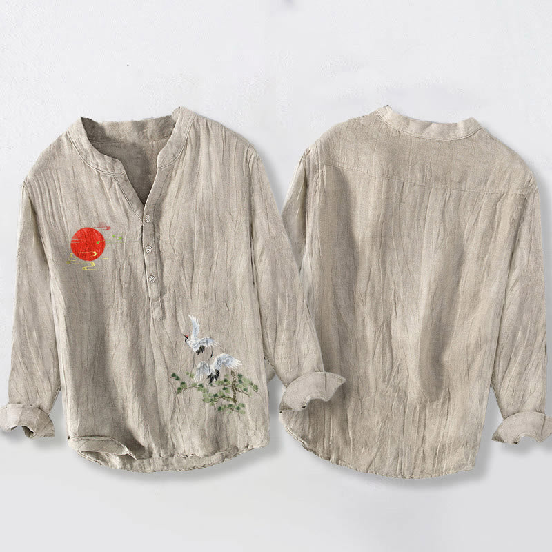 Chemise à manches longues pour homme en coton et lin, motif de Buddha Stones , de grue solaire et de branches de pin, à demi-boutons - image 8