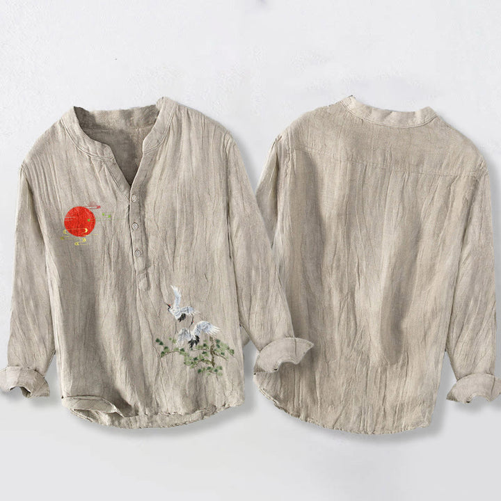 Chemise à manches longues pour homme en coton et lin, motif de Buddha Stones , de grue solaire et de branches de pin, à demi-boutons - image 8