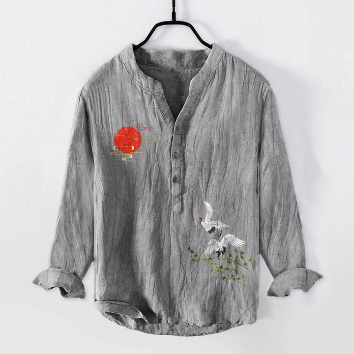 Chemise à manches longues pour homme en coton et lin, motif de Buddha Stones , de grue solaire et de branches de pin, à demi-boutons - Gris - US/UK/AU50，EU60 (5XL) - image 0
