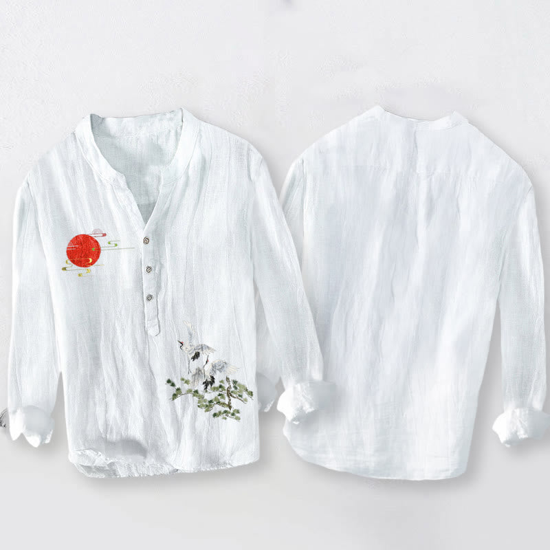 Chemise à manches longues pour homme en coton et lin, motif de Buddha Stones , de grue solaire et de branches de pin, à demi-boutons - image 5