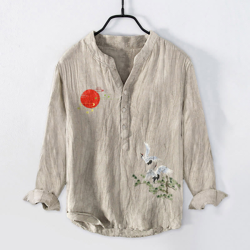 Chemise à manches longues pour homme en coton et lin, motif de Buddha Stones , de grue solaire et de branches de pin, à demi-boutons - Lin - US/UK/AU50，EU60 (5XL) - image 6