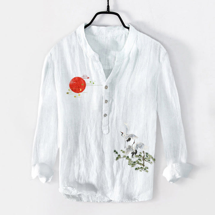 Chemise à manches longues pour homme en coton et lin, motif de Buddha Stones , de grue solaire et de branches de pin, à demi-boutons - Blanc - US/UK/AU50，EU60 (5XL) - image 3