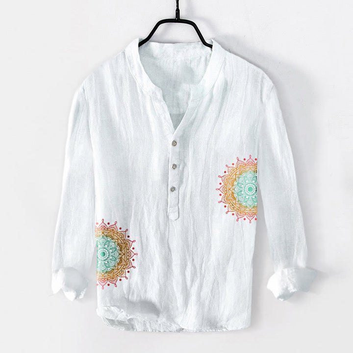 Chemise à manches longues pour homme en coton et lin, à demi-boutons, motif mandala coloré Buddha Stones - Blanc - US/UK/AU50，EU60 (5XL) - image 0