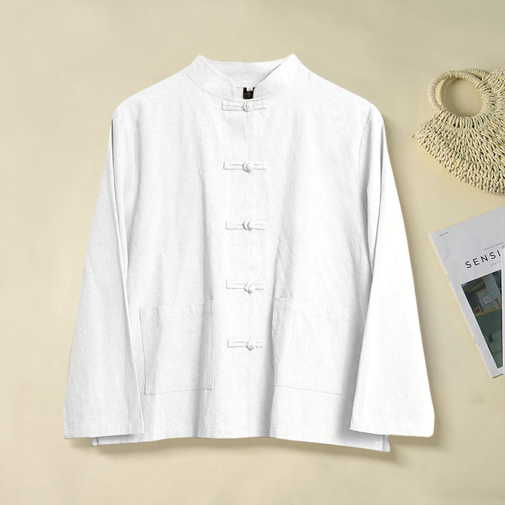 Chemise ethnique en coton à manches longues et col montant pour femme, avec poches et boutons grenouille, motif Buddha Stones - Blanc - US8-10，UK/AU12-14，EU40-42 (2XL) - image 7