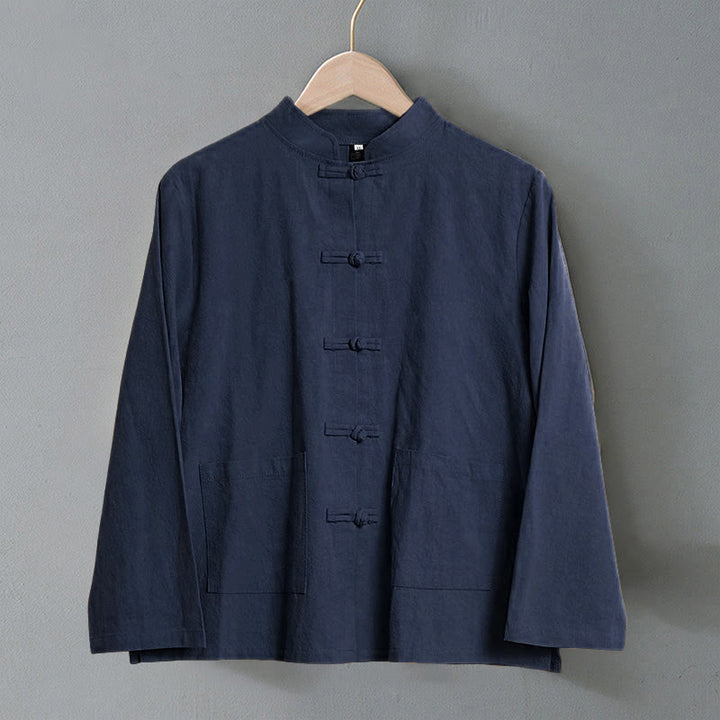 Chemise ethnique en coton à manches longues et col montant pour femme, avec poches et boutons grenouille, motif Buddha Stones - image 22