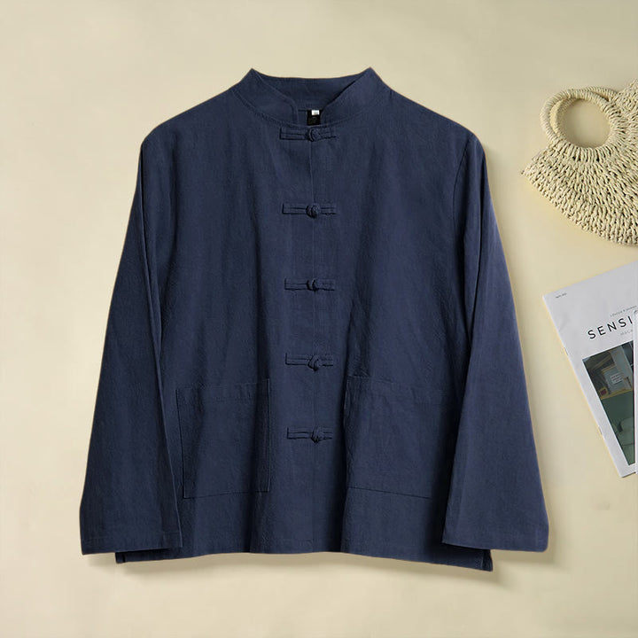 Chemise ethnique en coton à manches longues et col montant pour femme, avec poches et boutons grenouille, motif Buddha Stones - Bleu nuit - US8-10，UK/AU12-14，EU40-42 (2XL) - image 21