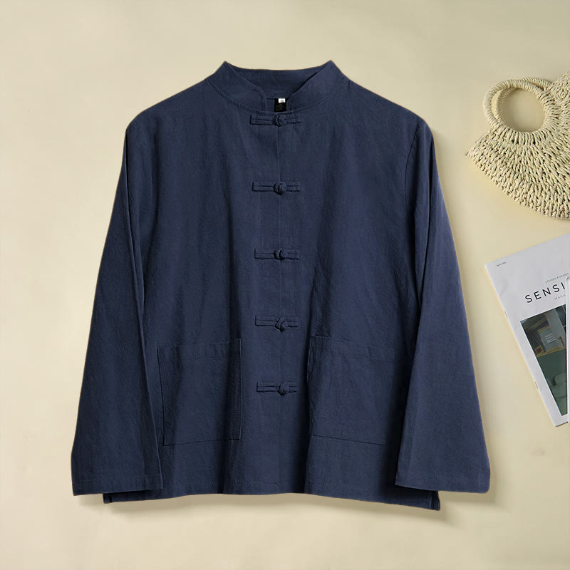 Chemise ethnique en coton à manches longues et col montant pour femme, avec poches et boutons grenouille, motif Buddha Stones - Bleu nuit - US12，UK/AU16，EU44 (2XL) - image 21