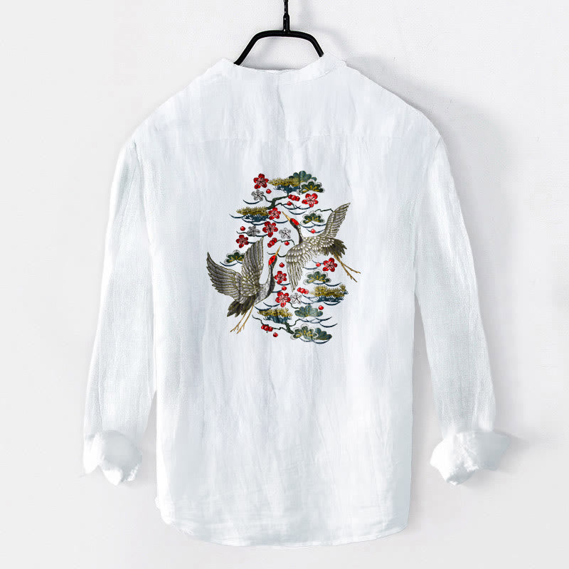 Chemise à manches longues pour homme en coton et lin, à demi-boutons, motif de Buddha Stones, grues, pins et fleurs - image 2