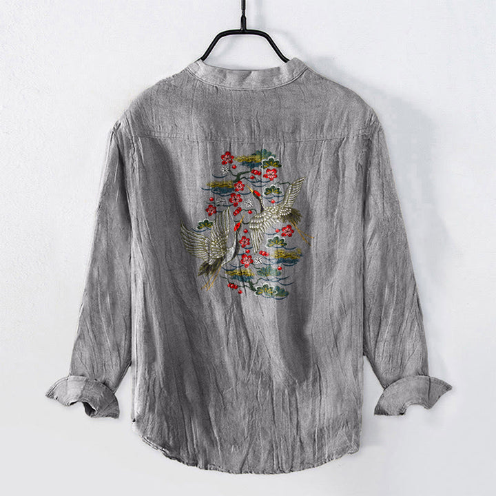 Chemise à manches longues pour homme en coton et lin, à demi-boutons, motif de Buddha Stones, grues, pins et fleurs - image 8