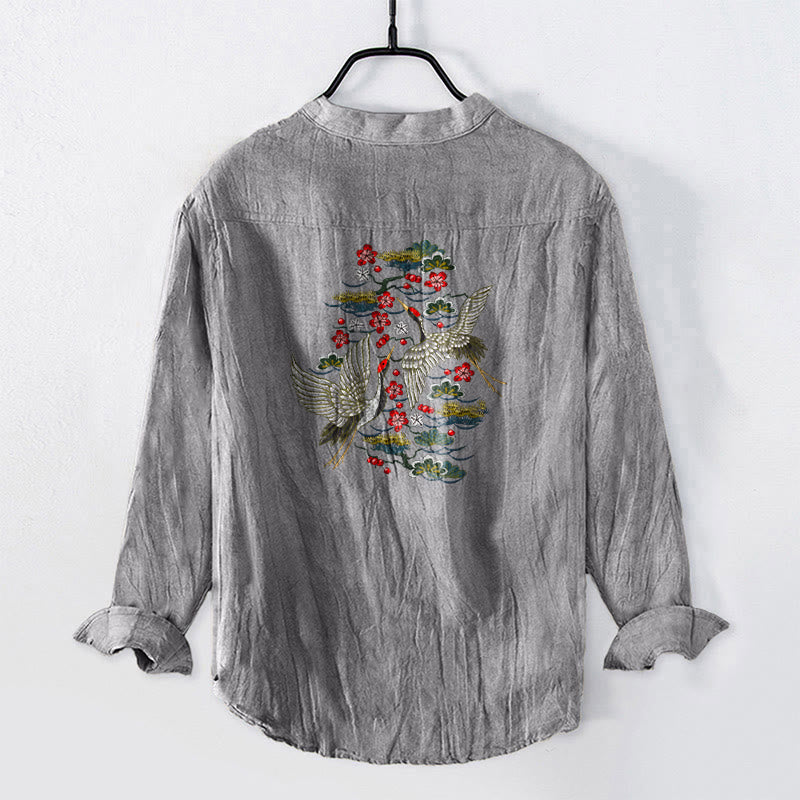 Chemise à manches longues pour homme en coton et lin, à demi-boutons, motif de Buddha Stones, grues, pins et fleurs - image 8