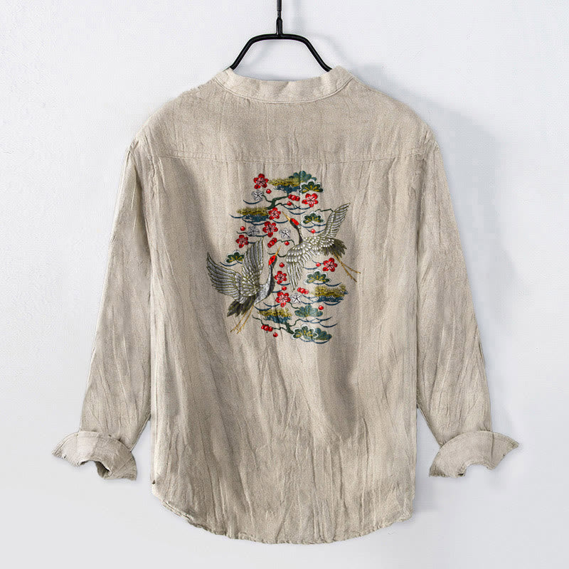 Chemise à manches longues pour homme en coton et lin, à demi-boutons, motif de Buddha Stones, grues, pins et fleurs - image 5