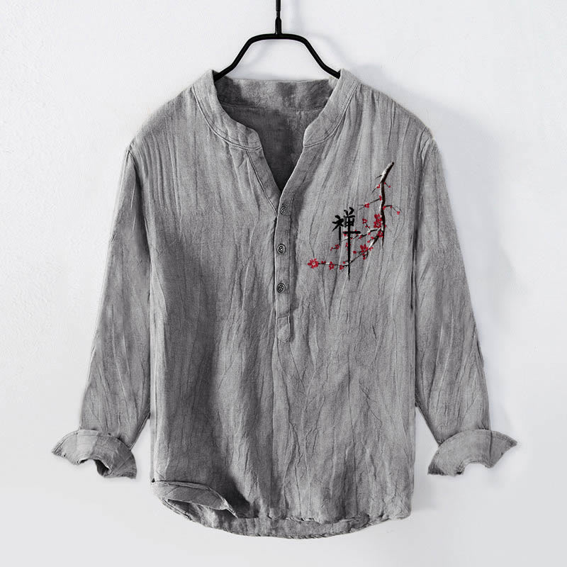 Chemise à manches longues pour homme en coton et lin, motif zen, Buddha Stones et fleurs de pêcher rouges - Gris - US/UK/AU50，EU60 (5XL) - image 3