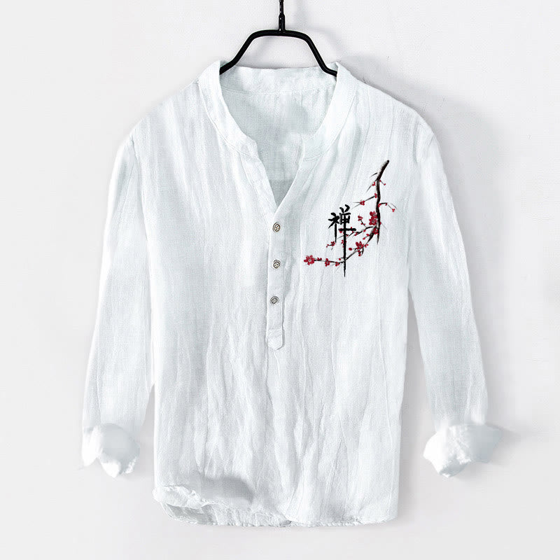 Chemise à manches longues pour homme en coton et lin, motif zen, Buddha Stones et fleurs de pêcher rouges - Blanc - US/UK/AU50，EU60 (5XL) - image 6