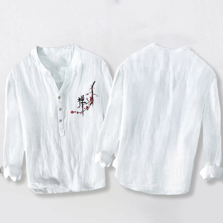 Chemise à manches longues pour homme en coton et lin, motif zen, Buddha Stones et fleurs de pêcher rouges - image 8