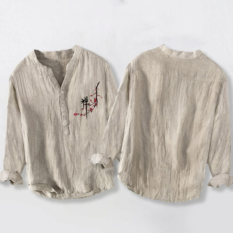 Chemise à manches longues pour homme en coton et lin, motif zen, Buddha Stones et fleurs de pêcher rouges - image 2