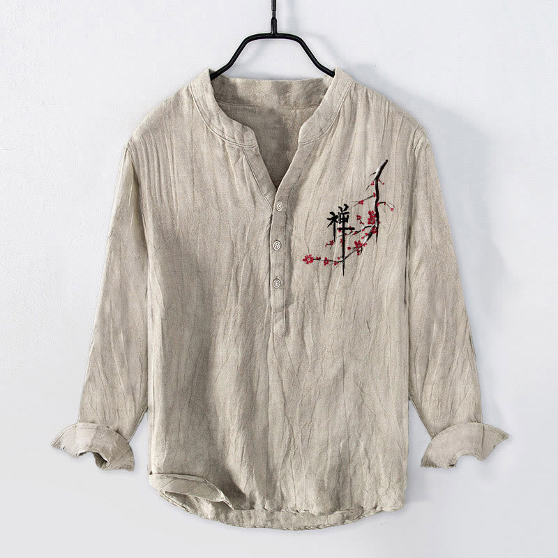 Chemise à manches longues pour homme en coton et lin, motif zen, Buddha Stones et fleurs de pêcher rouges - Lin - US/UK/AU50，EU60 (5XL) - image 0