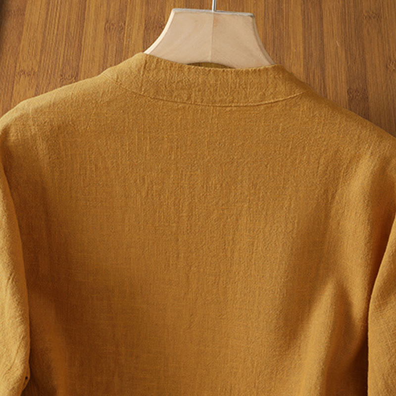 Chemise en lin à manches longues pour femme, ornée d'un motif contrasté de Buddha Stones et de boutons grenouille chinois. - image 3