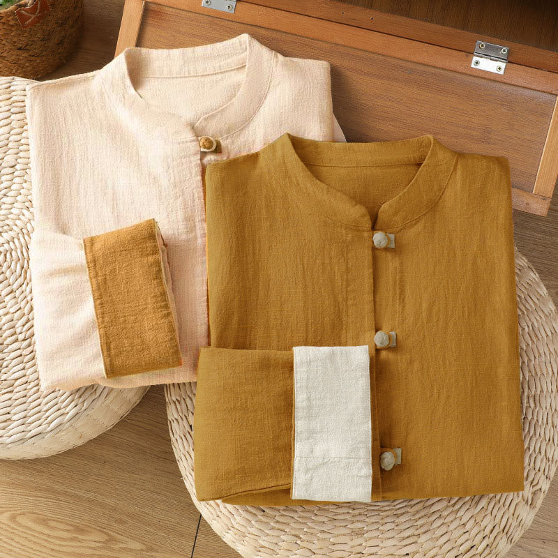 Chemise en lin à manches longues pour femme, ornée d'un motif contrasté de Buddha Stones et de boutons grenouille chinois. - image 18