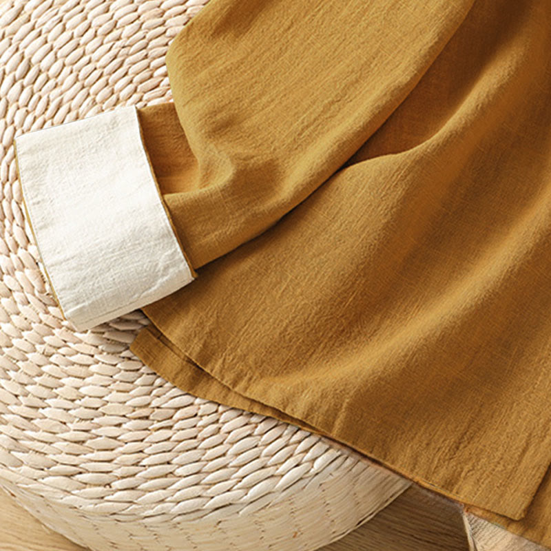 Chemise en lin à manches longues pour femme, ornée d'un motif contrasté de Buddha Stones et de boutons grenouille chinois. - image 6