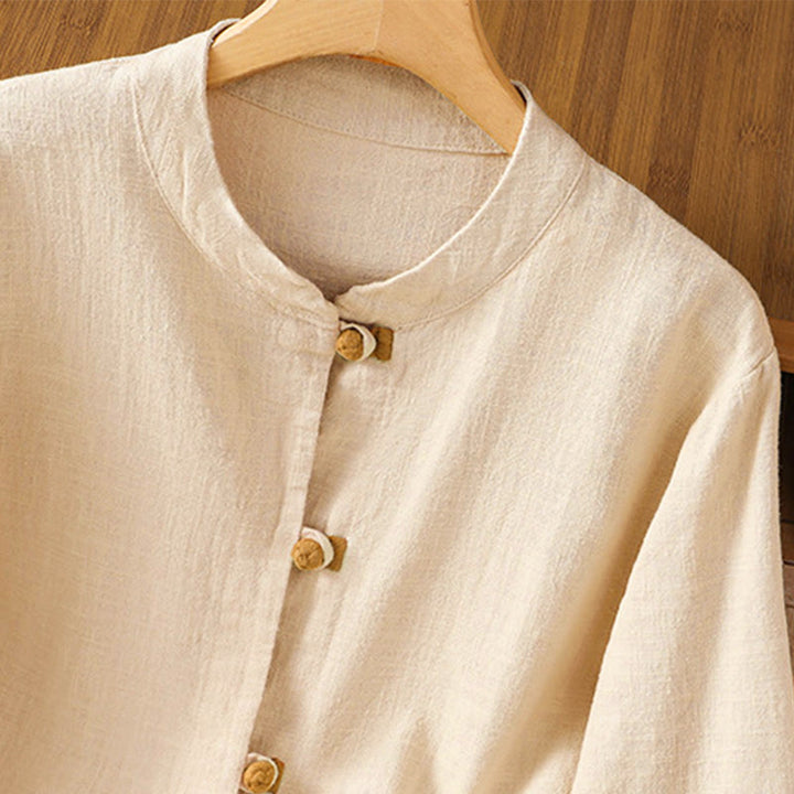 Chemise en lin à manches longues pour femme, motif contrasté de Buddha Stones , motif grenouille chinoise, boutons - image 13