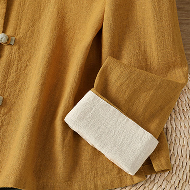 Chemise en lin à manches longues pour femme, ornée d'un motif contrasté de Buddha Stones et de boutons grenouille chinois. - image 5