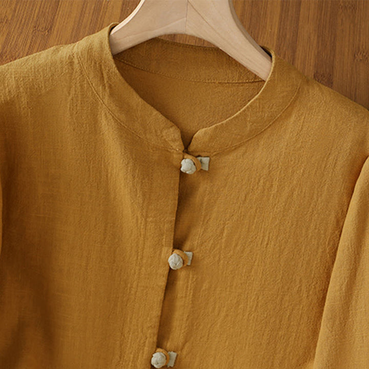 Chemise en lin à manches longues pour femme, motif contrasté de Buddha Stones , motif grenouille chinoise, boutons - image 2