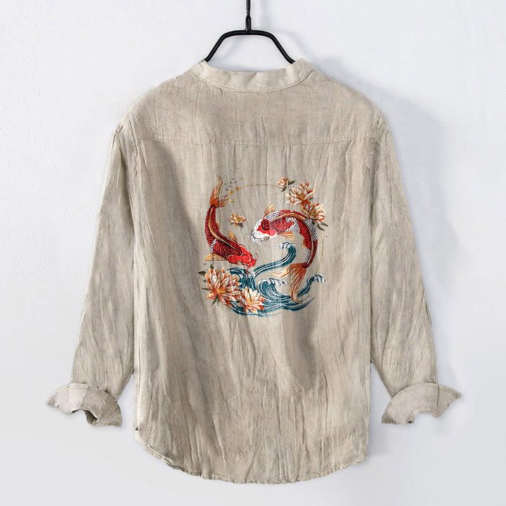 Chemise à manches longues pour homme en coton et lin, à demi-boutons, avec motif de Buddha Stones , de carpes koï et de vagues de lotus. - image 5