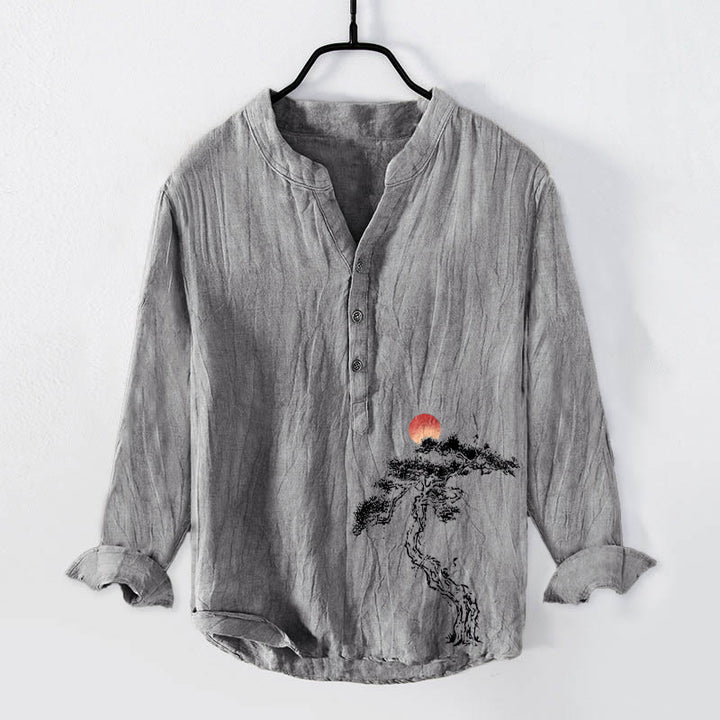 Chemise à manches longues pour homme en coton et lin, motif de Buddha Stones, de pin et de soleil rouge, à demi-boutons - Gris - US/UK/AU50，EU60 (5XL) - image 3