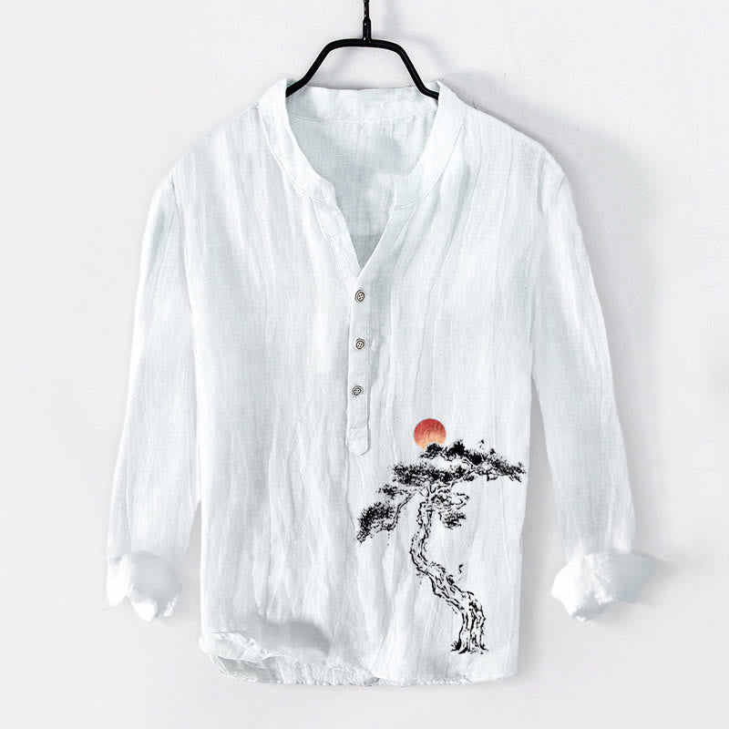 Chemise à manches longues pour homme en coton et lin, motif de Buddha Stones, de pin et de soleil rouge, à demi-boutons - Blanc - US/UK/AU50，EU60 (5XL) - image 6