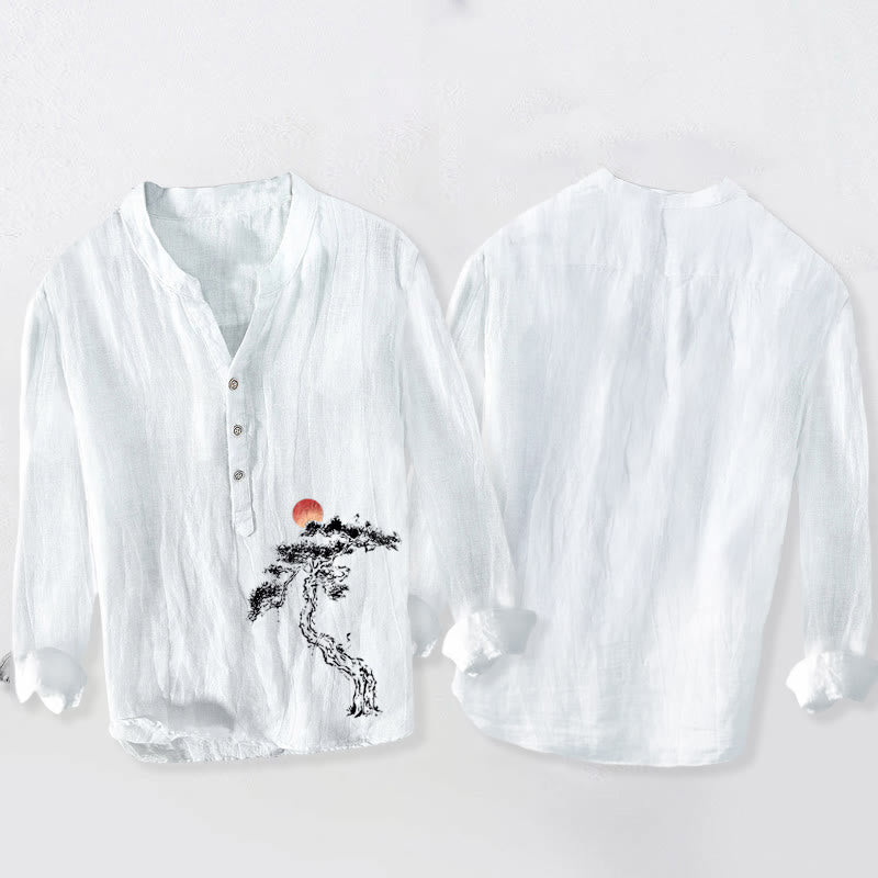 Chemise à manches longues pour homme en coton et lin, motif de Buddha Stones, de pin et de soleil rouge, à demi-boutons - image 8