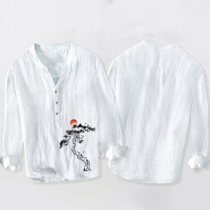 Chemise à manches longues pour homme en coton et lin, motif de Buddha Stones, de pin et de soleil rouge, à demi-boutons - image 8