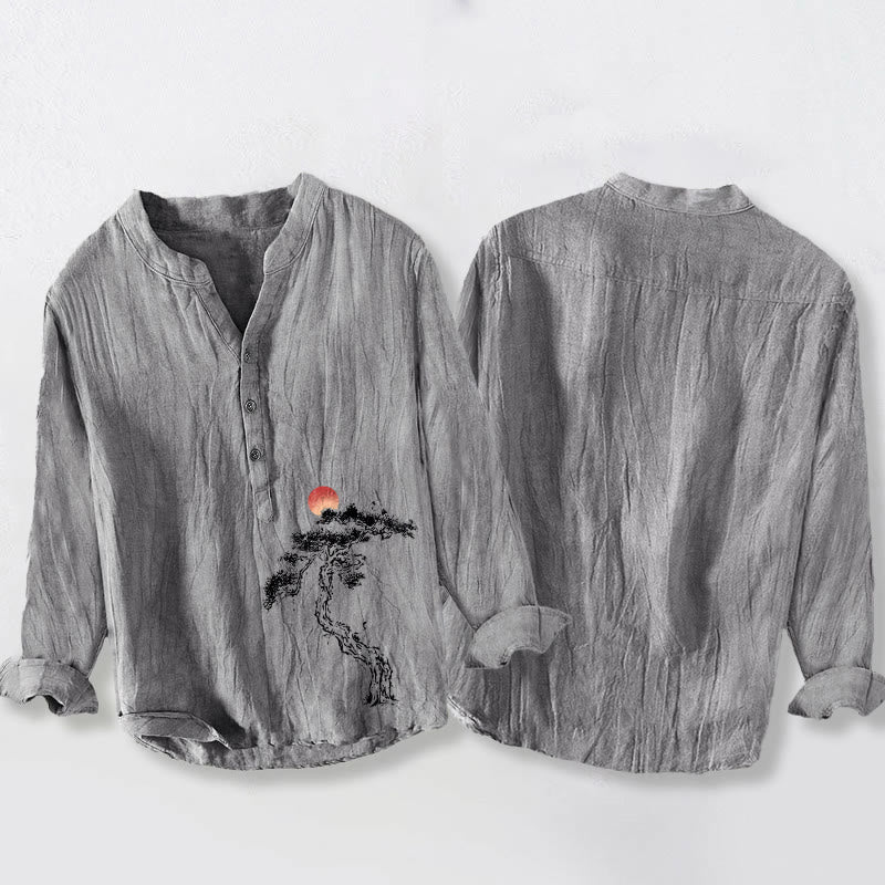 Chemise à manches longues pour homme en coton et lin, motif de Buddha Stones, de pin et de soleil rouge, à demi-boutons - image 5