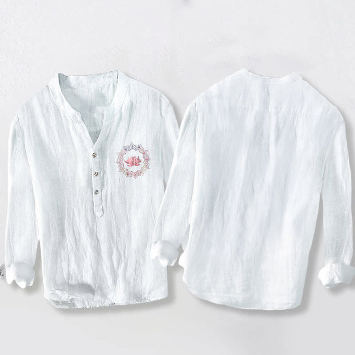 Chemise à manches longues pour homme en coton et lin, motif mandala de lotus et Buddha Stones - image 2