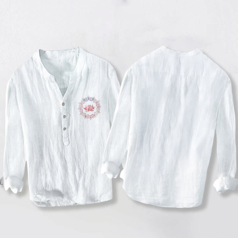 Chemise à manches longues pour homme en coton et lin, motif mandala de lotus et Buddha Stones - image 2