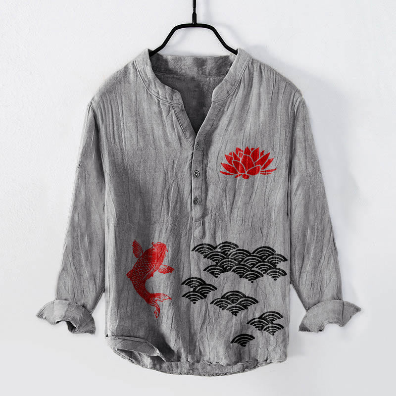 Chemise à manches longues en coton et lin pour homme , Buddha Stones, poissons koï, lotus, nuages ​​de bon augure, demi-boutons - Gris - US/UK/AU50，EU60 (5XL) - image 0