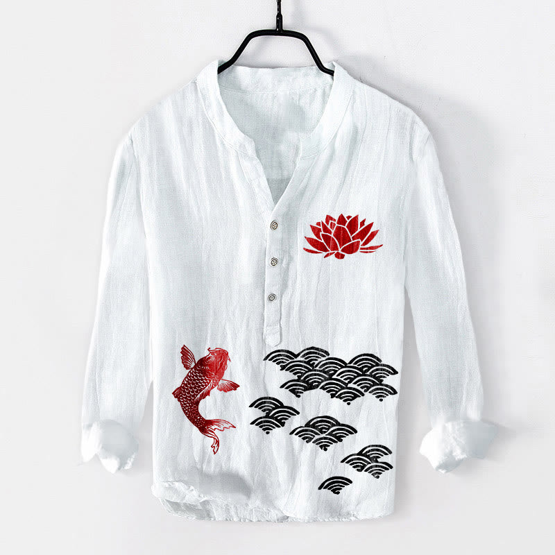 Chemise à manches longues en coton et lin pour homme , Buddha Stones, poissons koï, lotus, nuages ​​de bon augure, demi-boutons - Blanc - US/UK/AU50，EU60 (5XL) - image 3